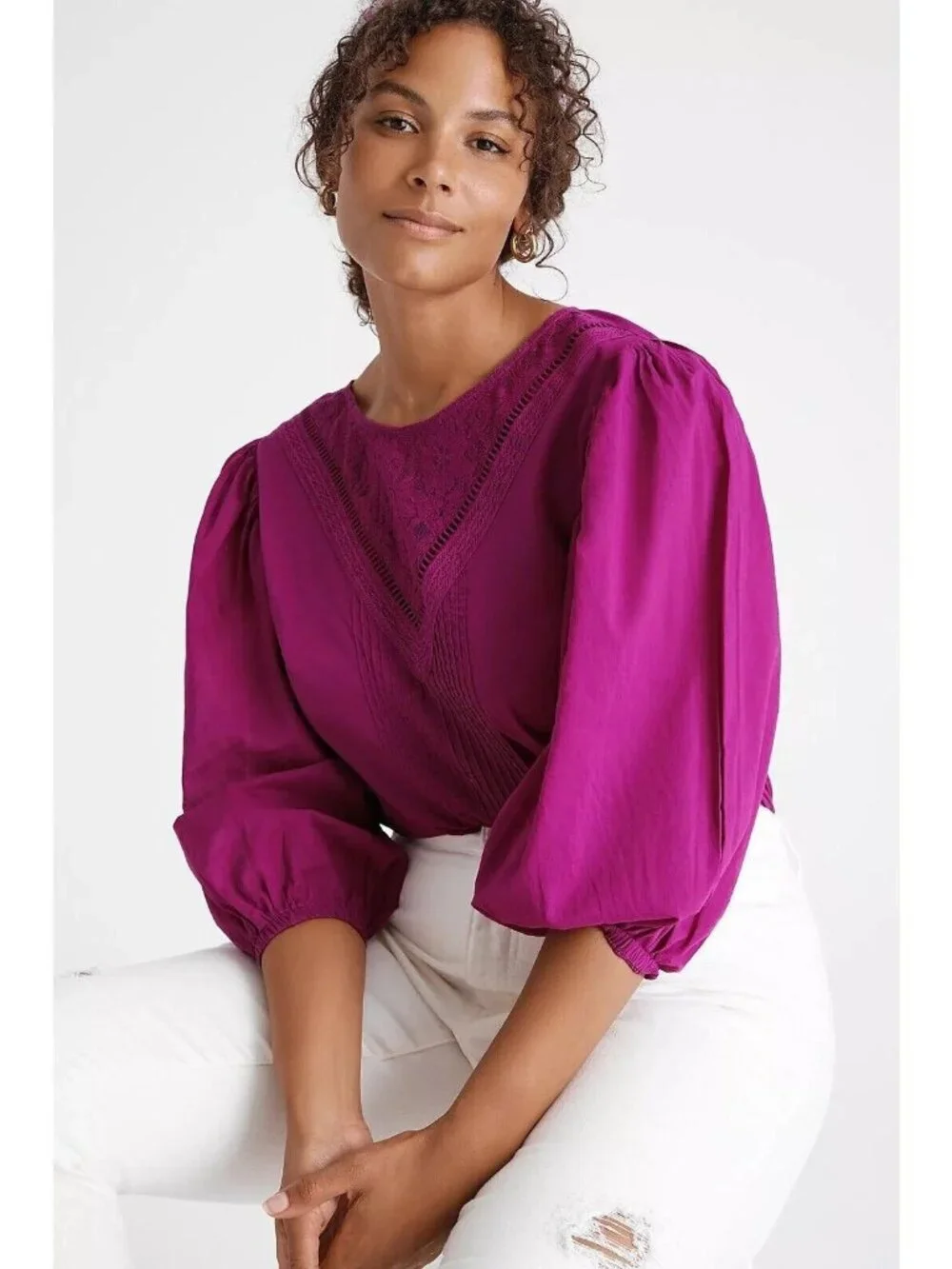 NEW Anthropologie Farm Rio Kelsie Peasant Blouse Puff Sleeve Lace Boho Plus 1X